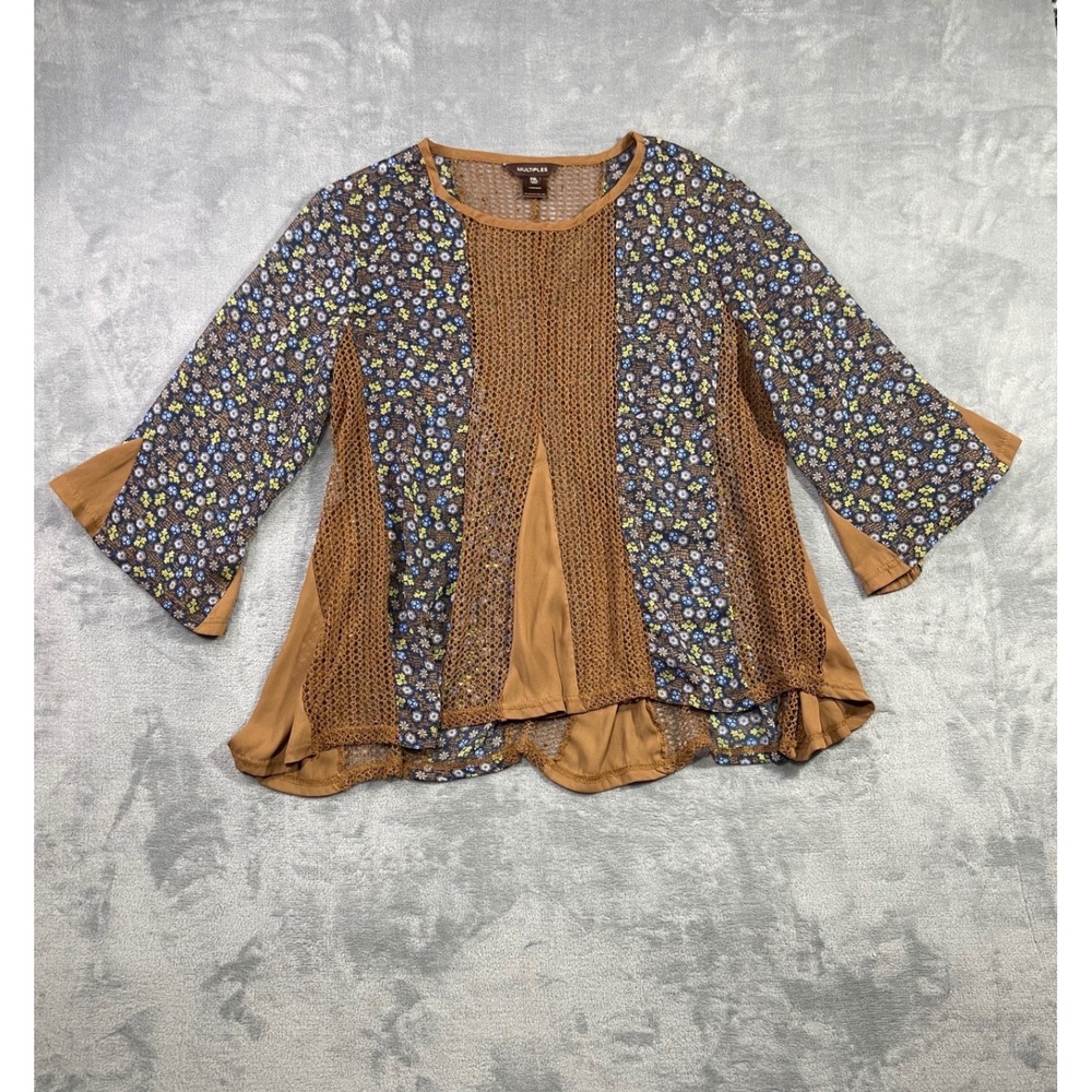 Multiples Floral Mesh Sequin Mixed Media Blouse Brown Blue PXL Boho Top